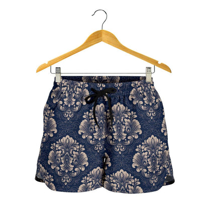 Damask Blue Luxury Print Pattern Women Shorts-JTAMIGO.COM