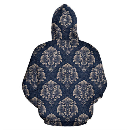 Damask Blue Luxury Print Pattern Zip Up Hoodie