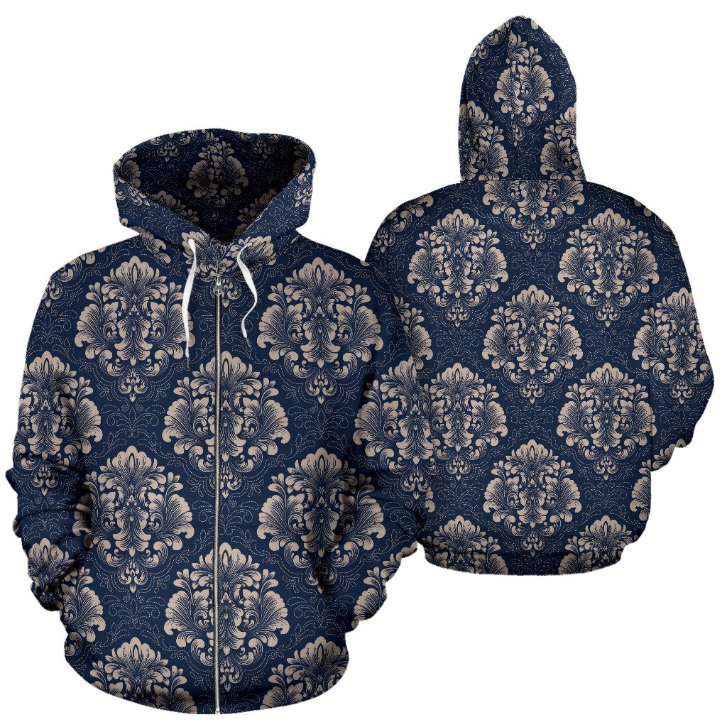 Damask Blue Luxury Print Pattern Zip Up Hoodie