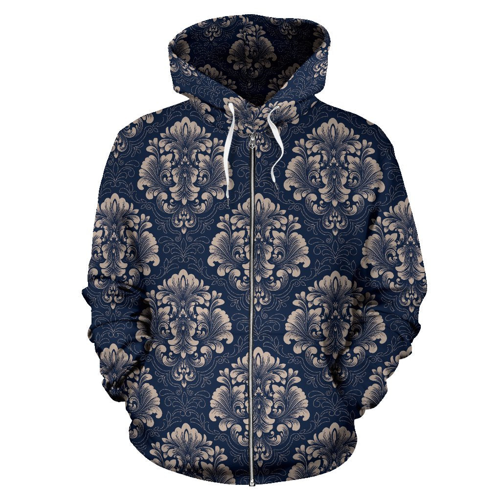 Damask Blue Luxury Print Pattern Zip Up Hoodie