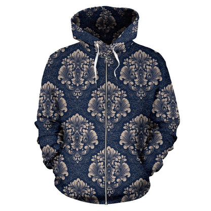 Damask Blue Luxury Print Pattern Zip Up Hoodie
