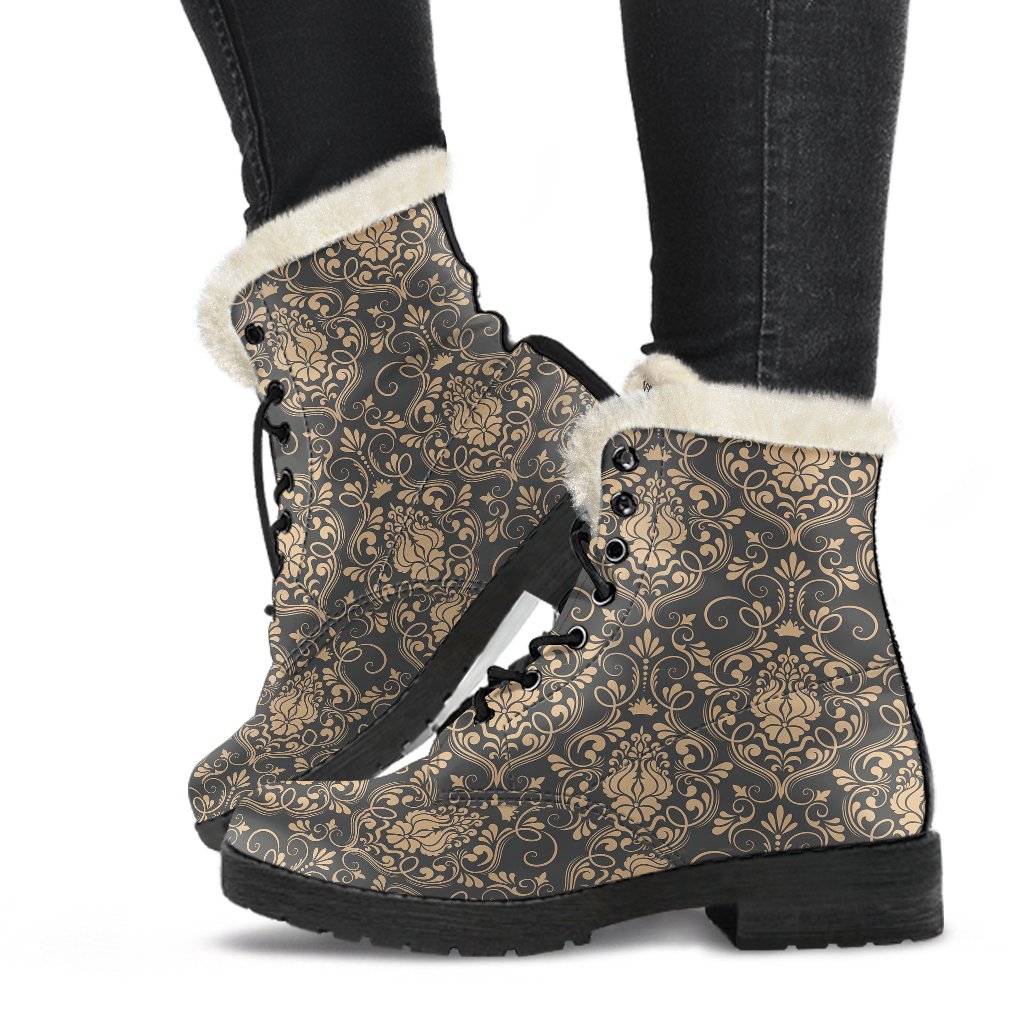 Damask Elegant Luxury Print Pattern Faux Fur Leather Boots-JTAMIGO.COM