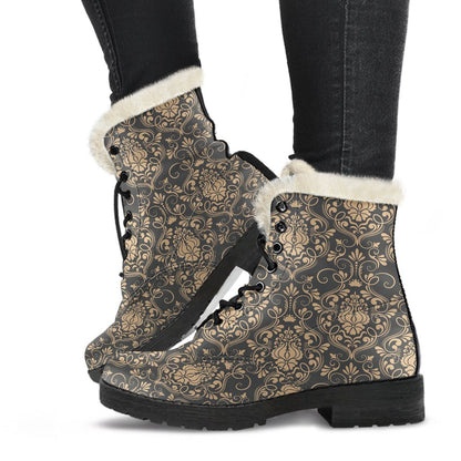 Damask Elegant Luxury Print Pattern Faux Fur Leather Boots-JTAMIGO.COM