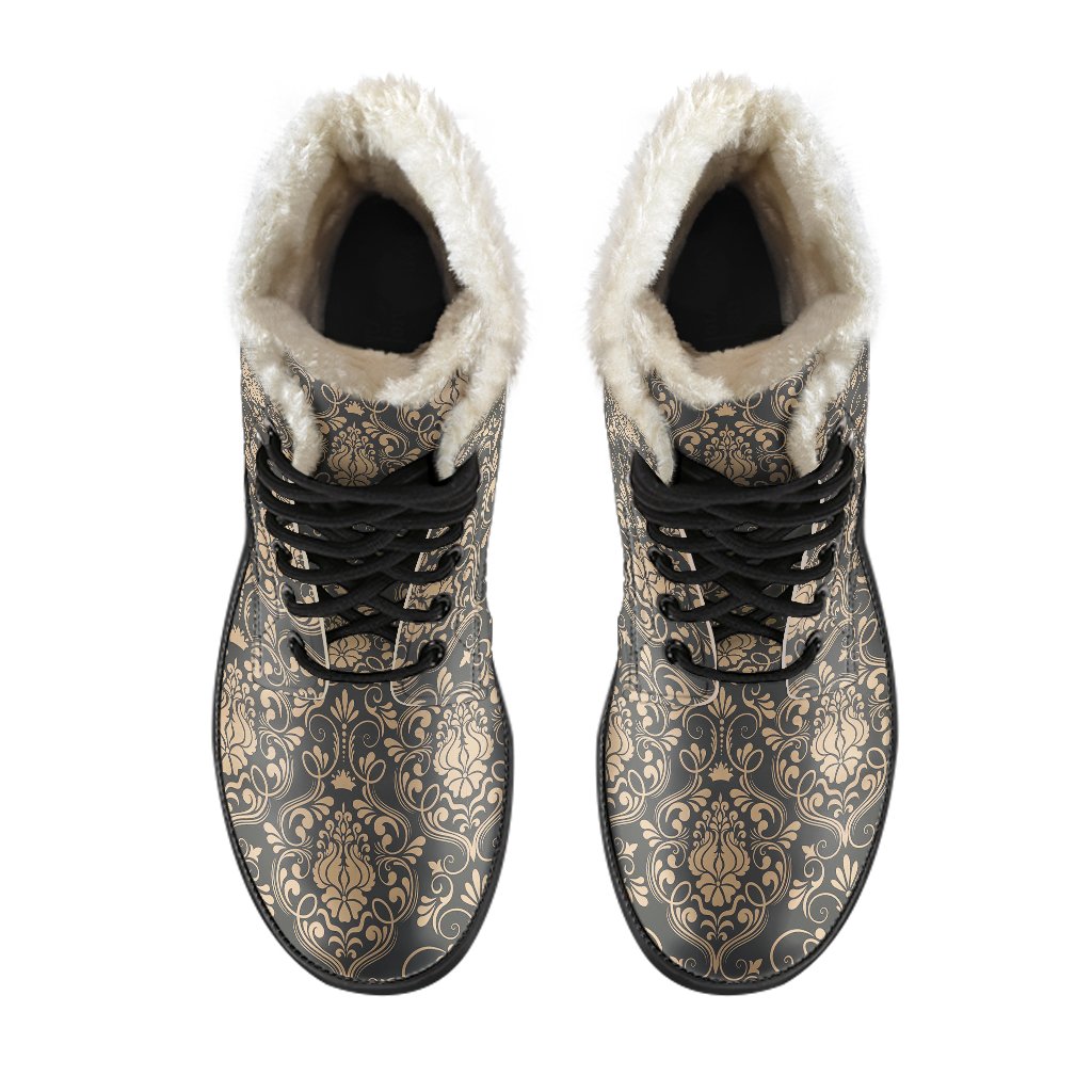 Damask Elegant Luxury Print Pattern Faux Fur Leather Boots-JTAMIGO.COM