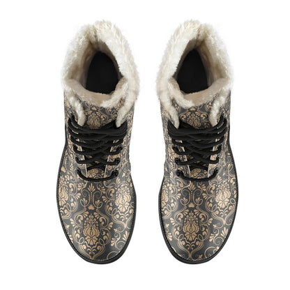 Damask Elegant Luxury Print Pattern Faux Fur Leather Boots-JTAMIGO.COM