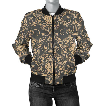 Damask Elegant Luxury Print Pattern Women Casual Bomber Jacket