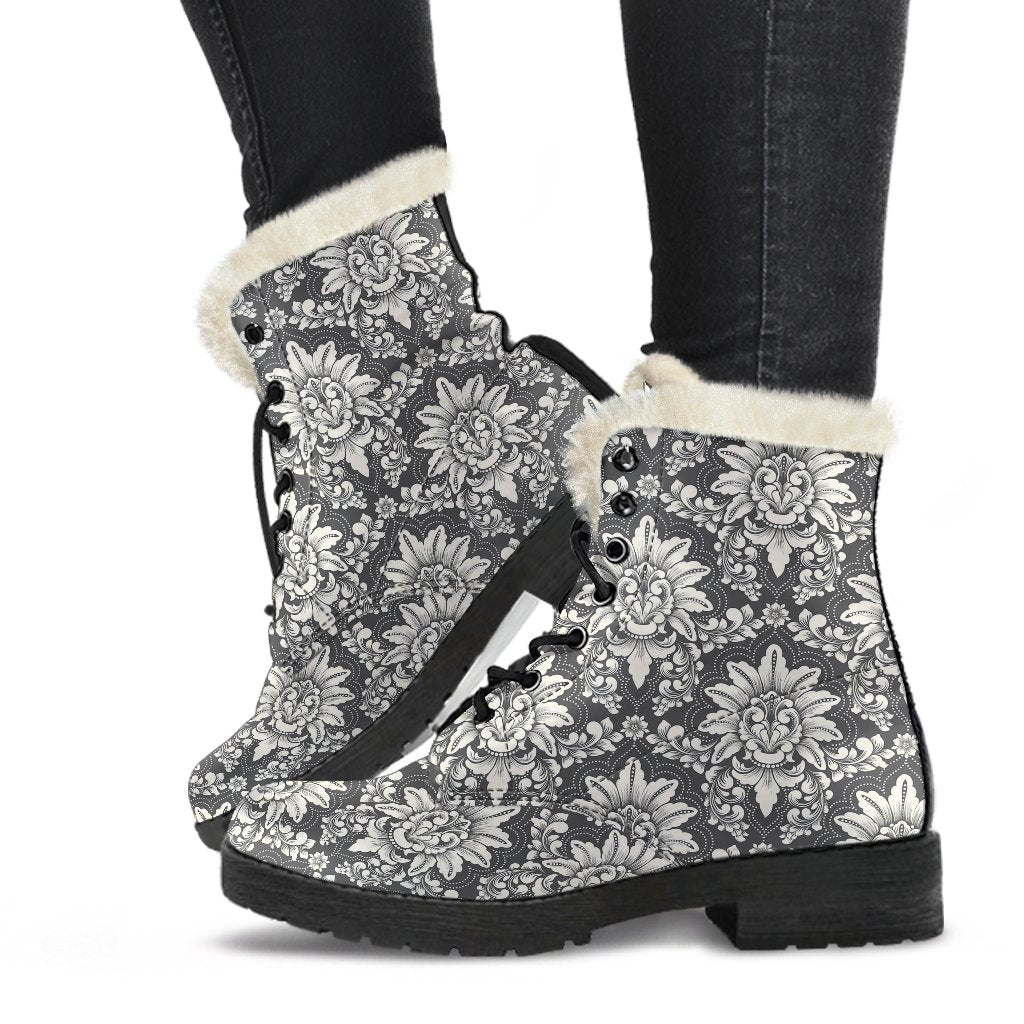Damask Elegant Print Pattern Faux Fur Leather Boots-JTAMIGO.COM