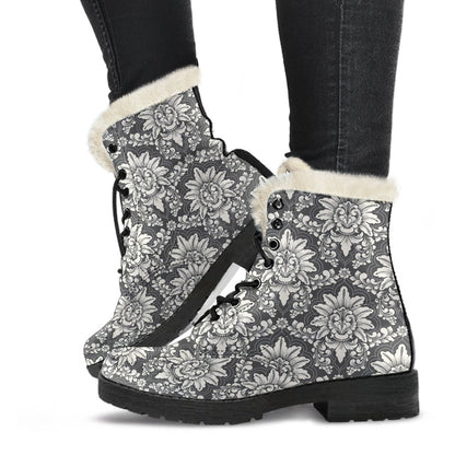 Damask Elegant Print Pattern Faux Fur Leather Boots-JTAMIGO.COM