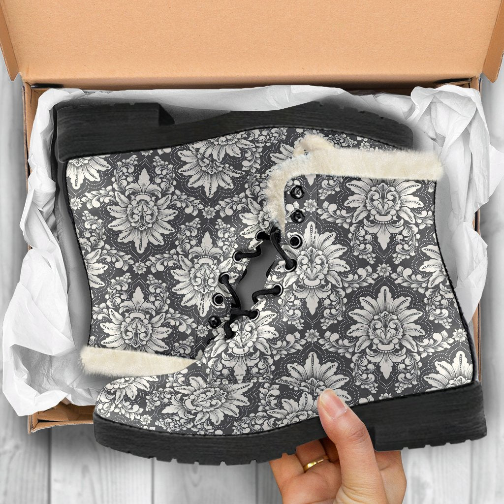 Damask Elegant Print Pattern Faux Fur Leather Boots-JTAMIGO.COM