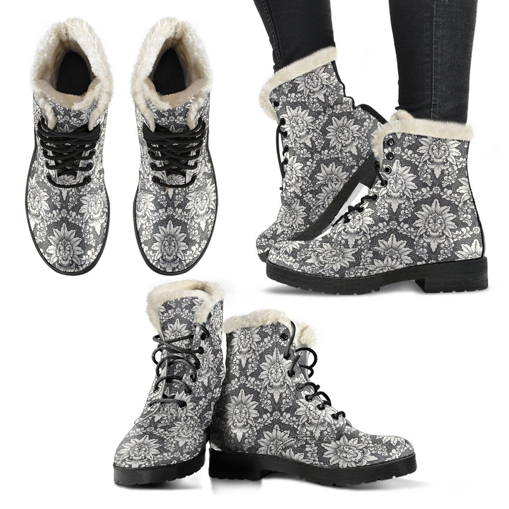 Damask Elegant Print Pattern Faux Fur Leather Boots-JTAMIGO.COM