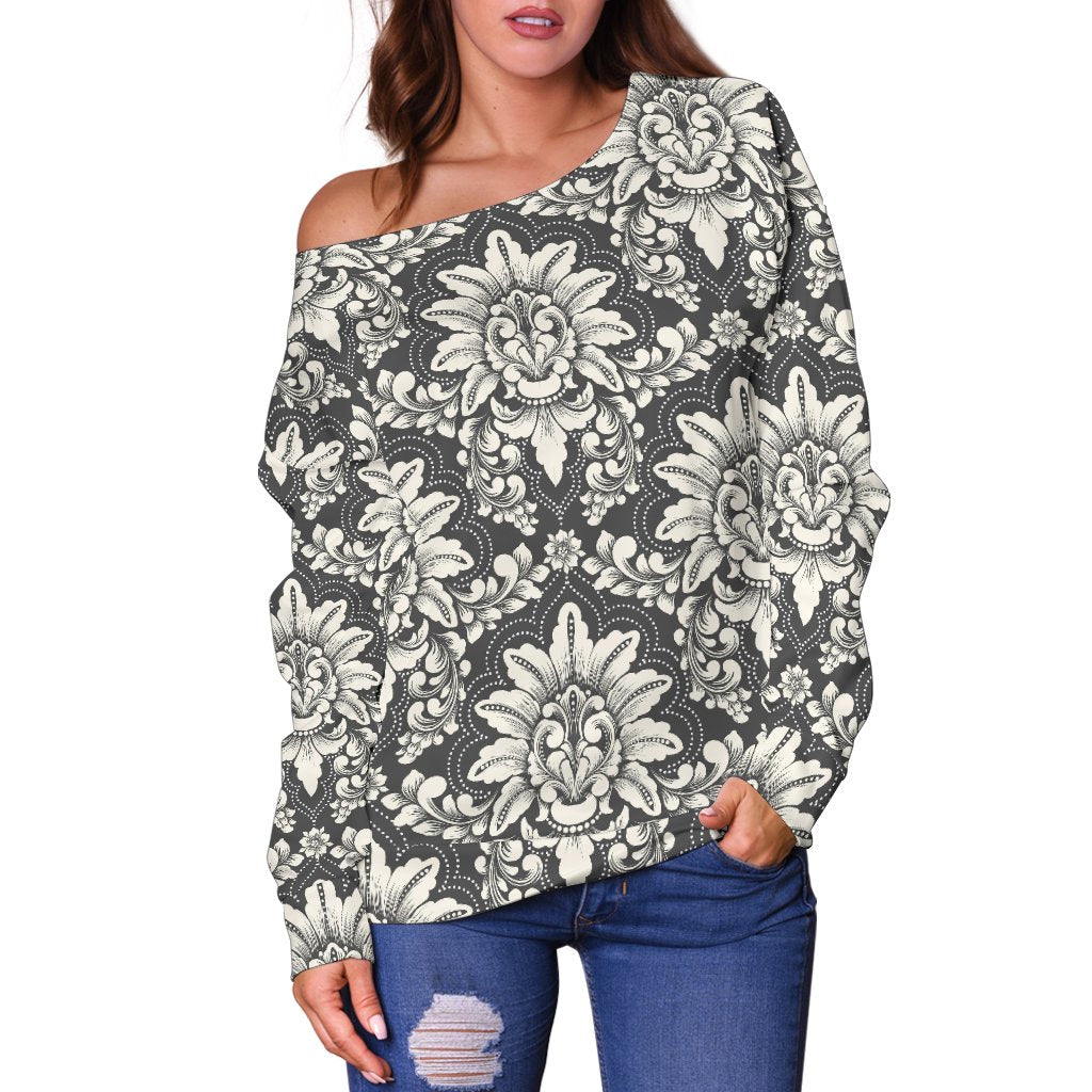 Damask Elegant Print Pattern Off Shoulder Sweatshirt
