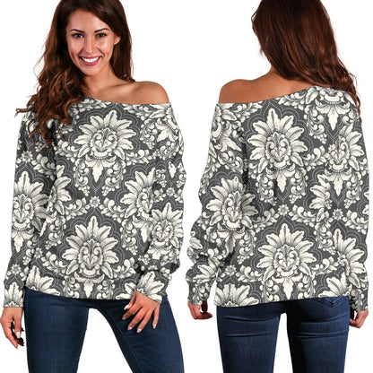 Damask Elegant Print Pattern Off Shoulder Sweatshirt