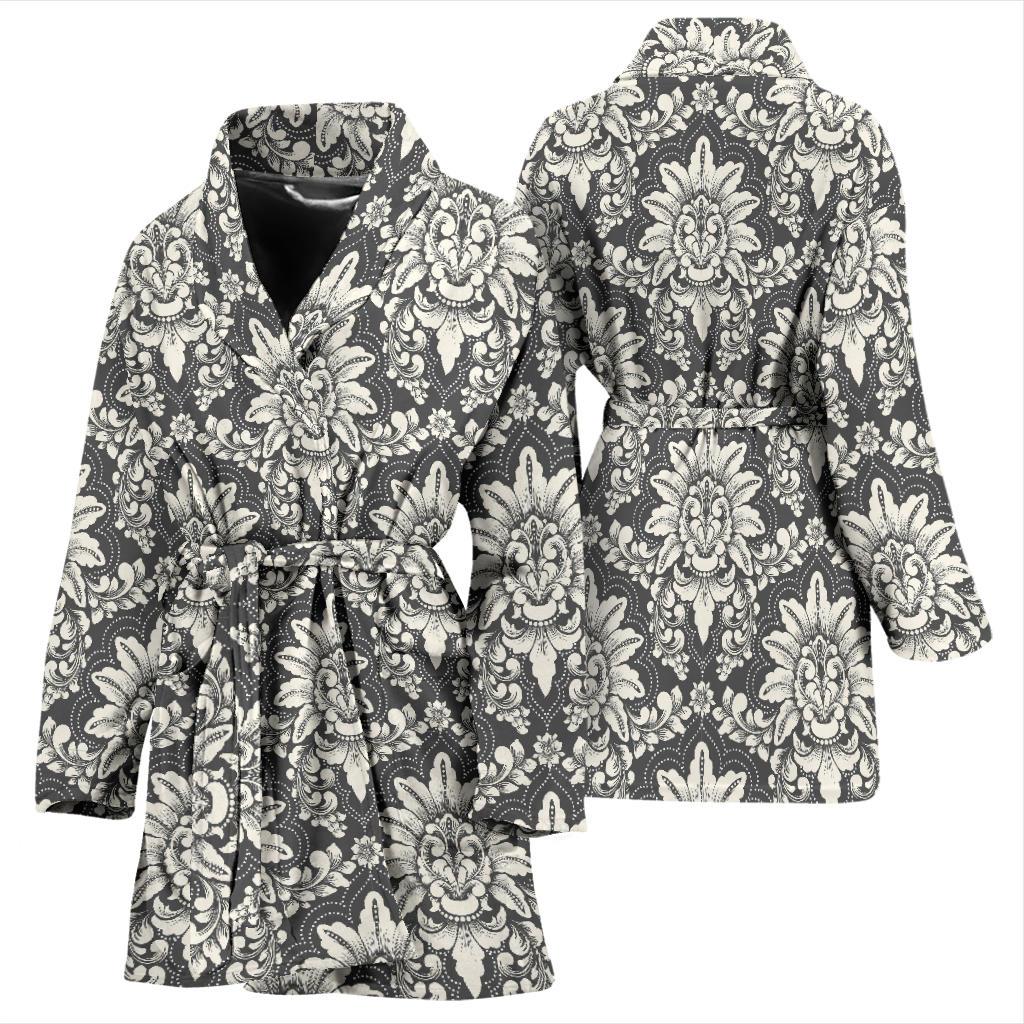 Damask Elegant Print Pattern Women Bath Robe-JTAMIGO.COM