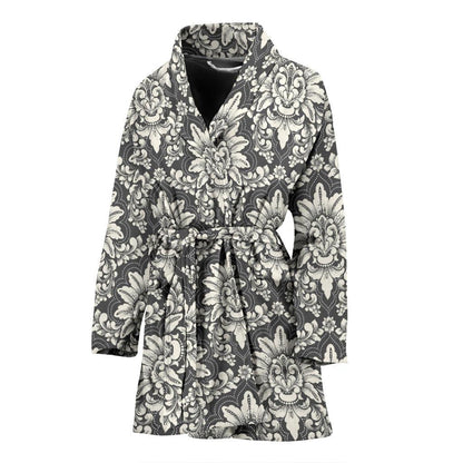 Damask Elegant Print Pattern Women Bath Robe-JTAMIGO.COM