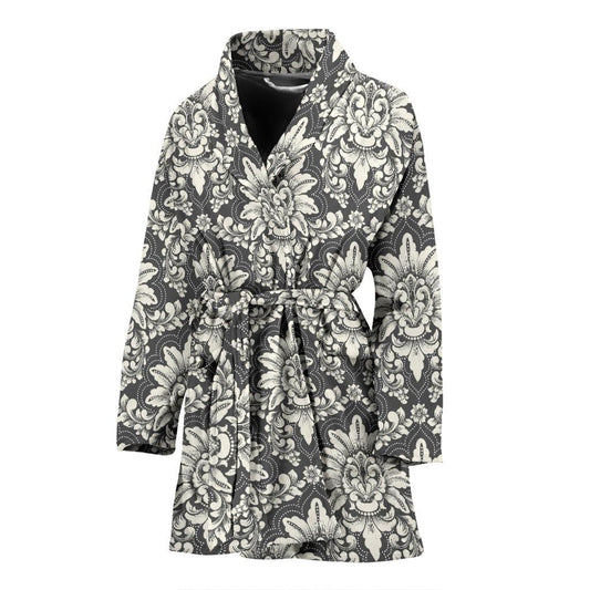 Damask Elegant Print Pattern Women Bath Robe-JTAMIGO.COM
