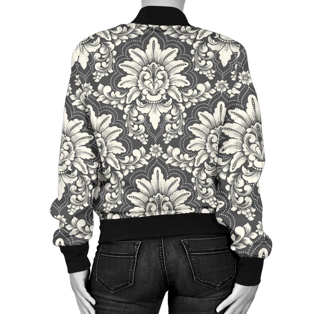Damask Elegant Print Pattern Women Casual Bomber Jacket