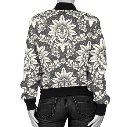 Damask Elegant Print Pattern Women Casual Bomber Jacket