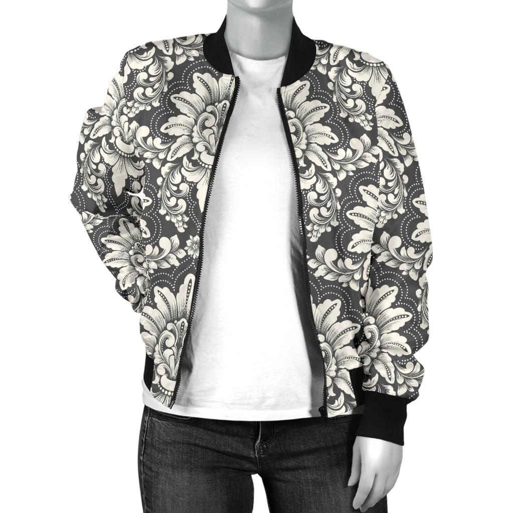 Damask Elegant Print Pattern Women Casual Bomber Jacket