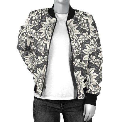 Damask Elegant Print Pattern Women Casual Bomber Jacket