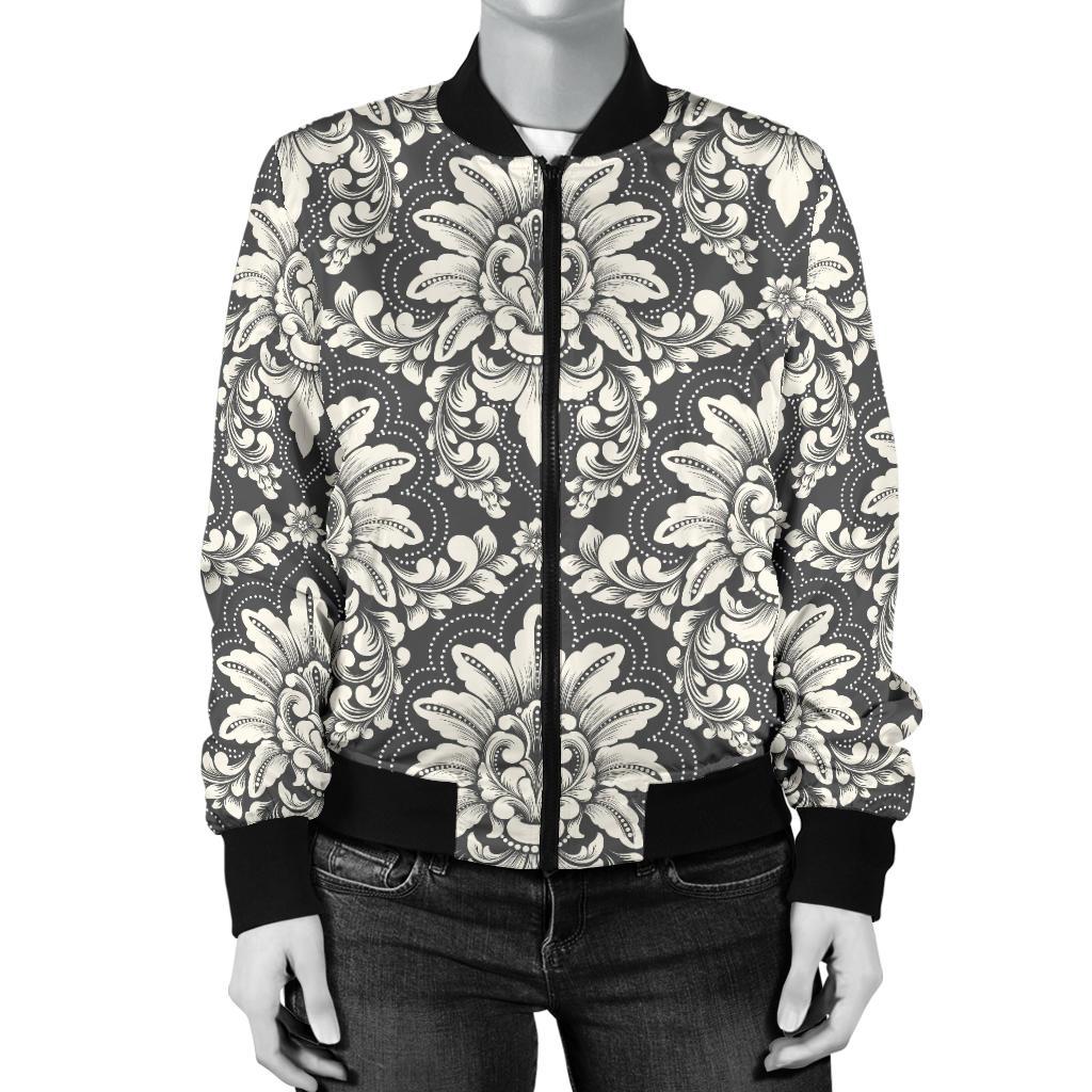 Damask Elegant Print Pattern Women Casual Bomber Jacket