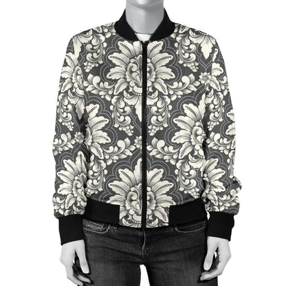 Damask Elegant Print Pattern Women Casual Bomber Jacket