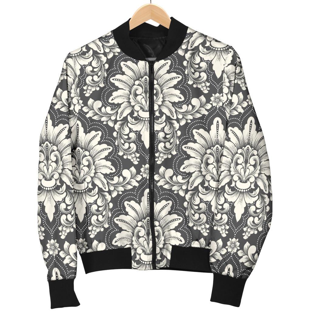 Damask Elegant Print Pattern Women Casual Bomber Jacket
