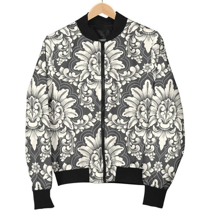 Damask Elegant Print Pattern Women Casual Bomber Jacket