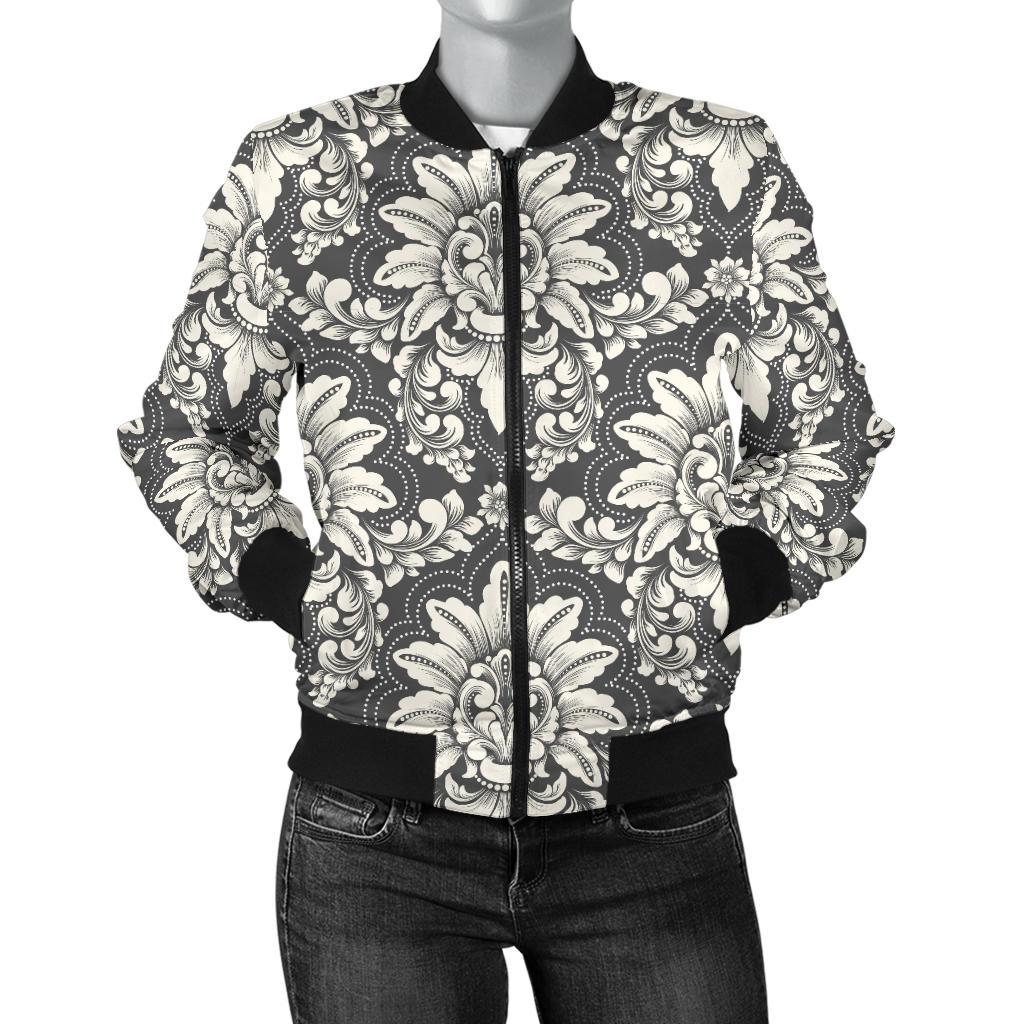 Damask Elegant Print Pattern Women Casual Bomber Jacket