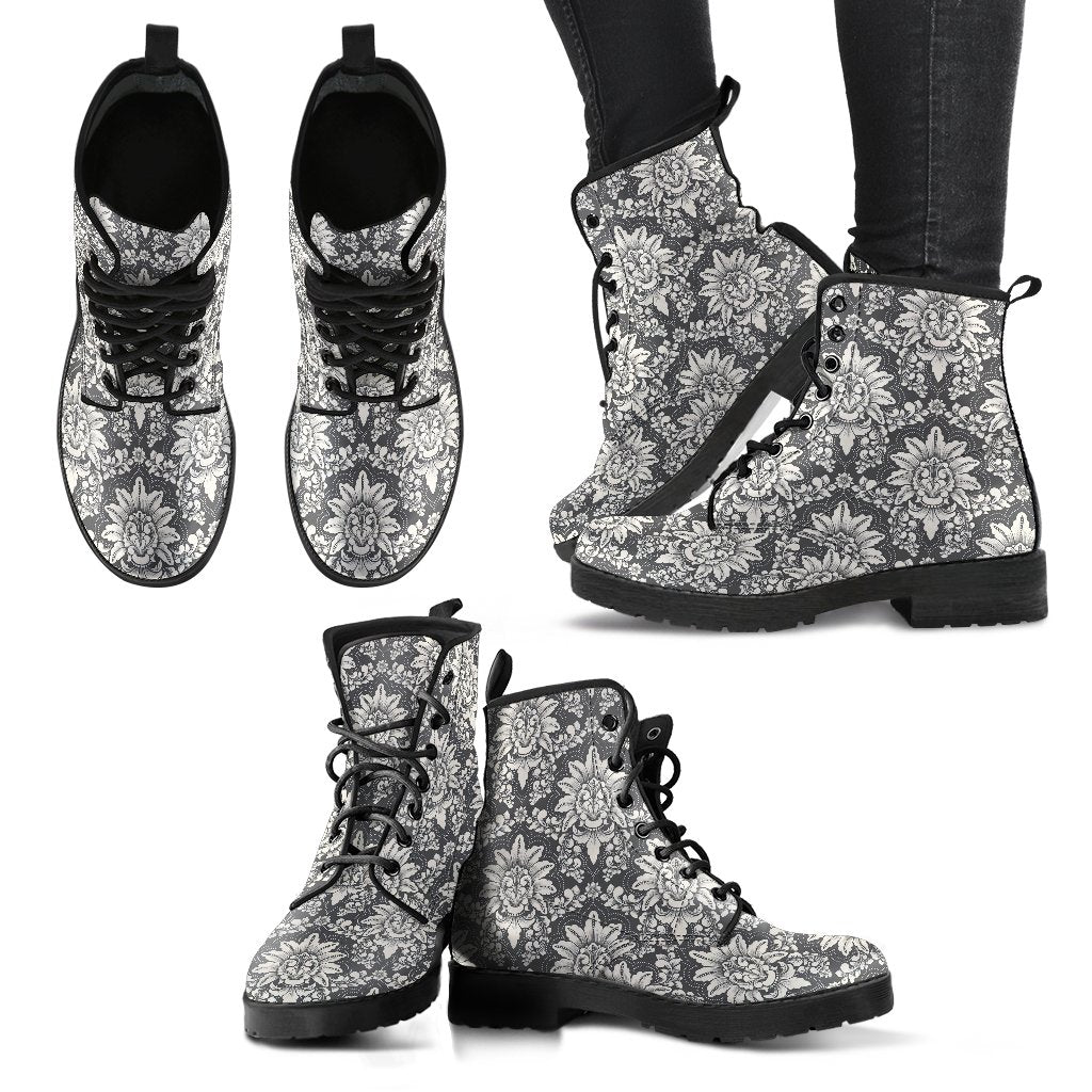 Damask Elegant Print Pattern Women Leather Boots-JTAMIGO.COM
