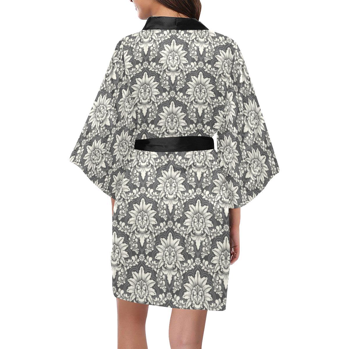 Damask Elegant Print Pattern Women Short Kimono Robe