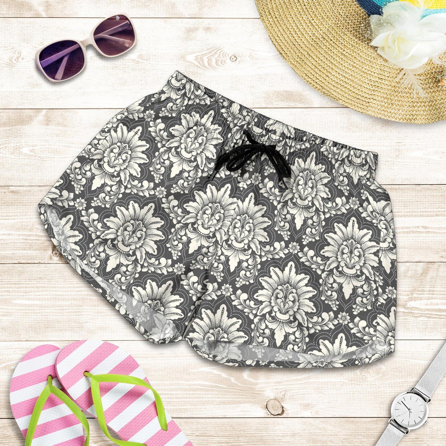 Damask Elegant Print Pattern Women Shorts-JTAMIGO.COM