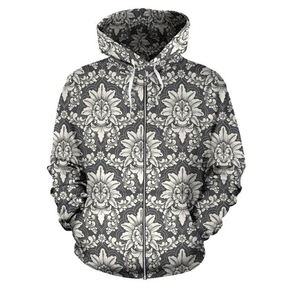 Damask Elegant Print Pattern Zip Up Hoodie