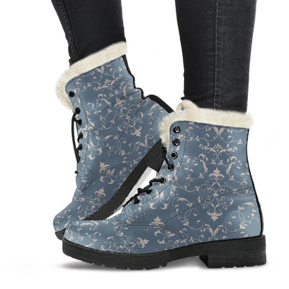 Damask Elegant Teal Print Pattern Faux Fur Leather Boots-JTAMIGO.COM