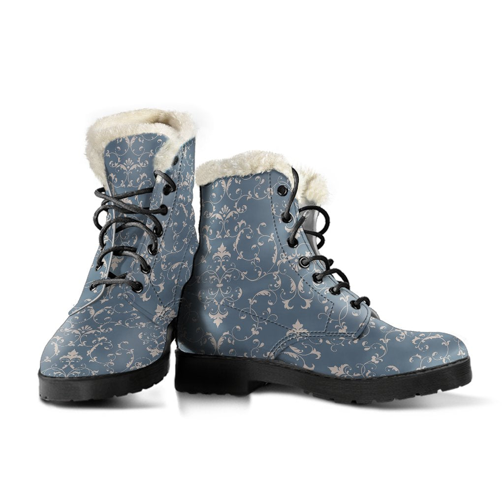Damask Elegant Teal Print Pattern Faux Fur Leather Boots-JTAMIGO.COM