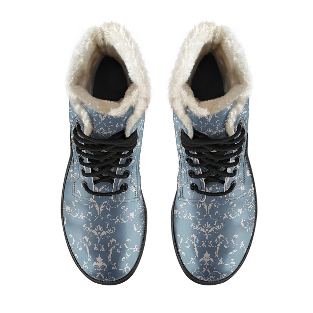 Damask Elegant Teal Print Pattern Faux Fur Leather Boots-JTAMIGO.COM