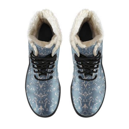 Damask Elegant Teal Print Pattern Faux Fur Leather Boots-JTAMIGO.COM