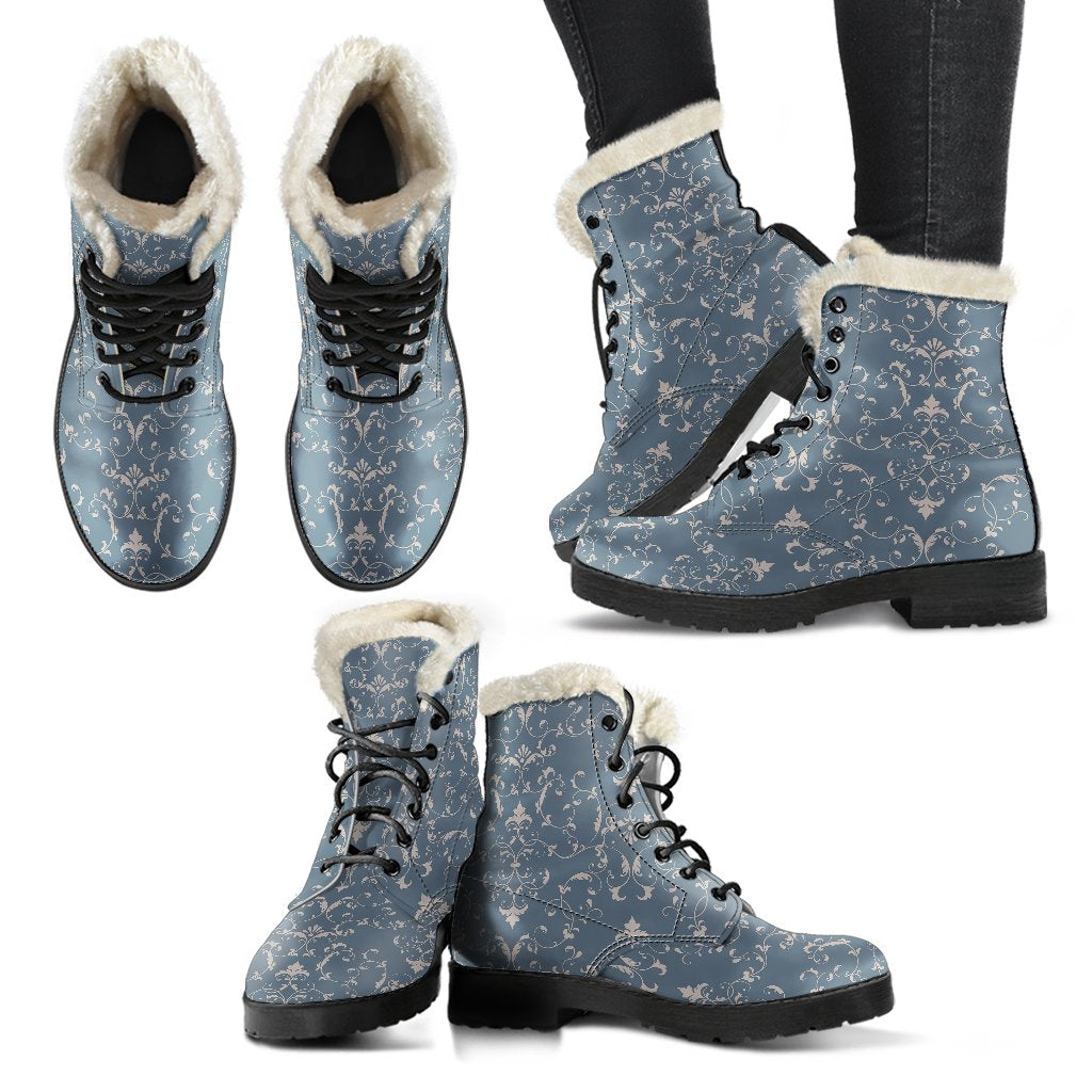 Damask Elegant Teal Print Pattern Faux Fur Leather Boots-JTAMIGO.COM