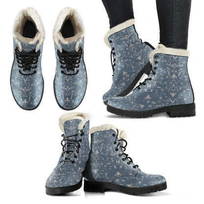 Damask Elegant Teal Print Pattern Faux Fur Leather Boots-JTAMIGO.COM