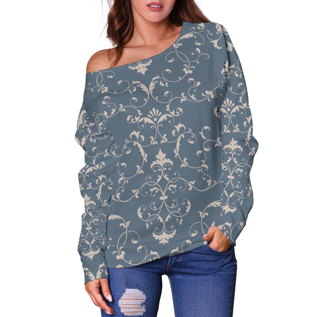 Damask Elegant Teal Print Pattern Off Shoulder Sweatshirt