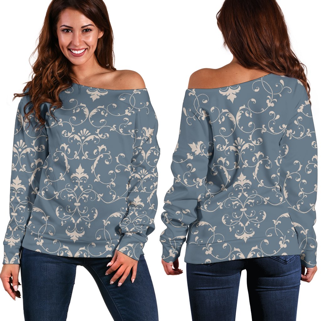 Damask Elegant Teal Print Pattern Off Shoulder Sweatshirt