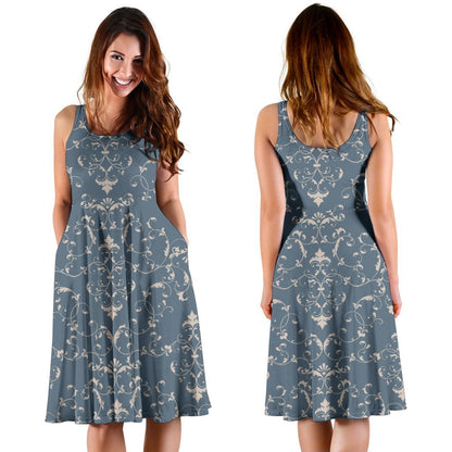 Damask Elegant Teal Print Pattern Sleeveless Dress