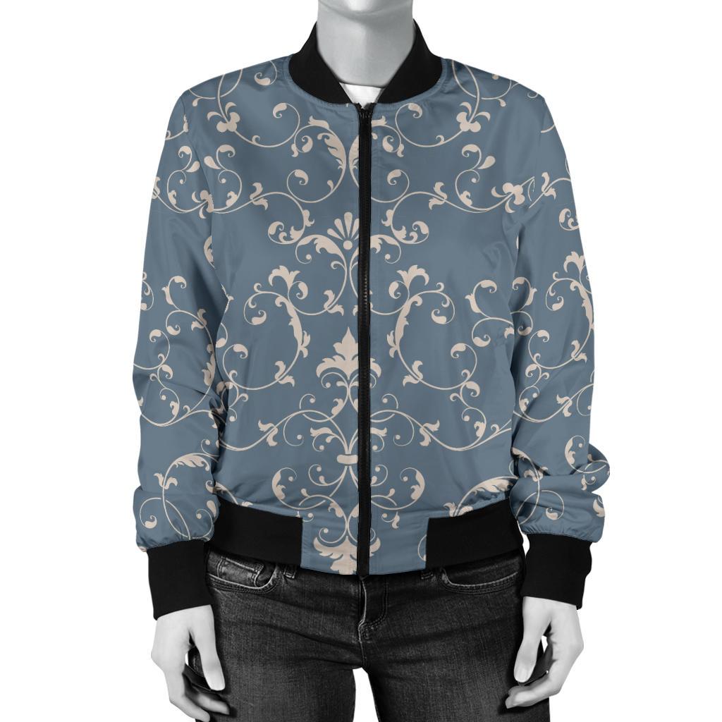 Damask Elegant Teal Print Pattern Women Casual Bomber Jacket