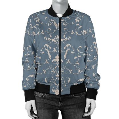Damask Elegant Teal Print Pattern Women Casual Bomber Jacket