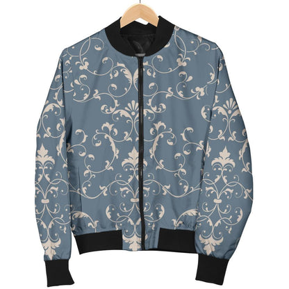 Damask Elegant Teal Print Pattern Women Casual Bomber Jacket