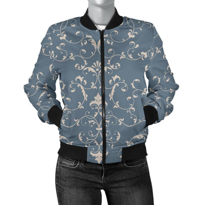 Damask Elegant Teal Print Pattern Women Casual Bomber Jacket