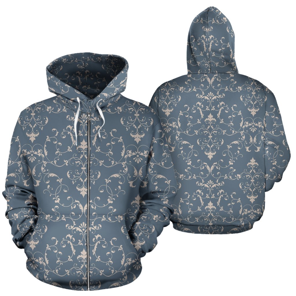 Damask Elegant Teal Print Pattern Zip Up Hoodie