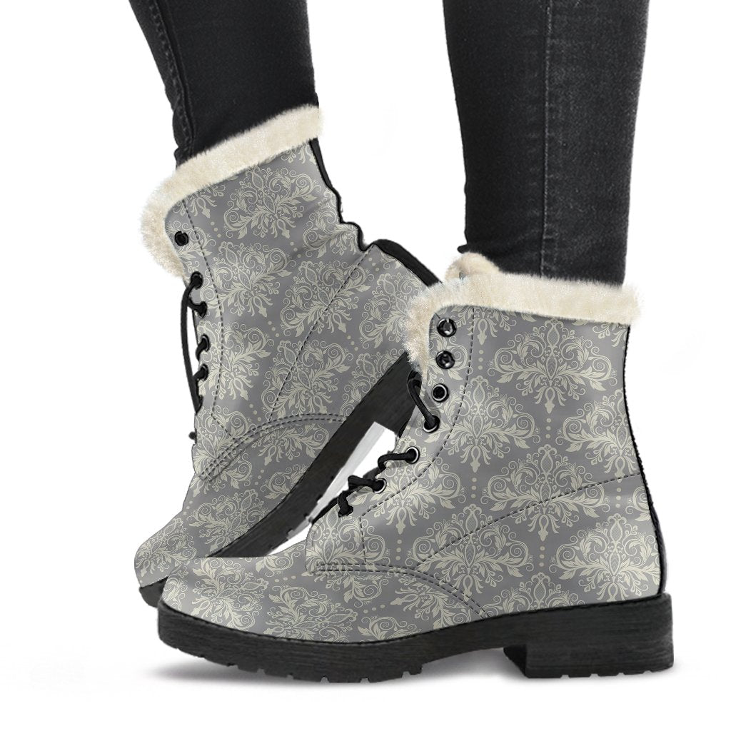 Damask Grey Elegant Print Pattern Faux Fur Leather Boots-JTAMIGO.COM