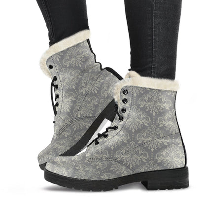 Damask Grey Elegant Print Pattern Faux Fur Leather Boots-JTAMIGO.COM