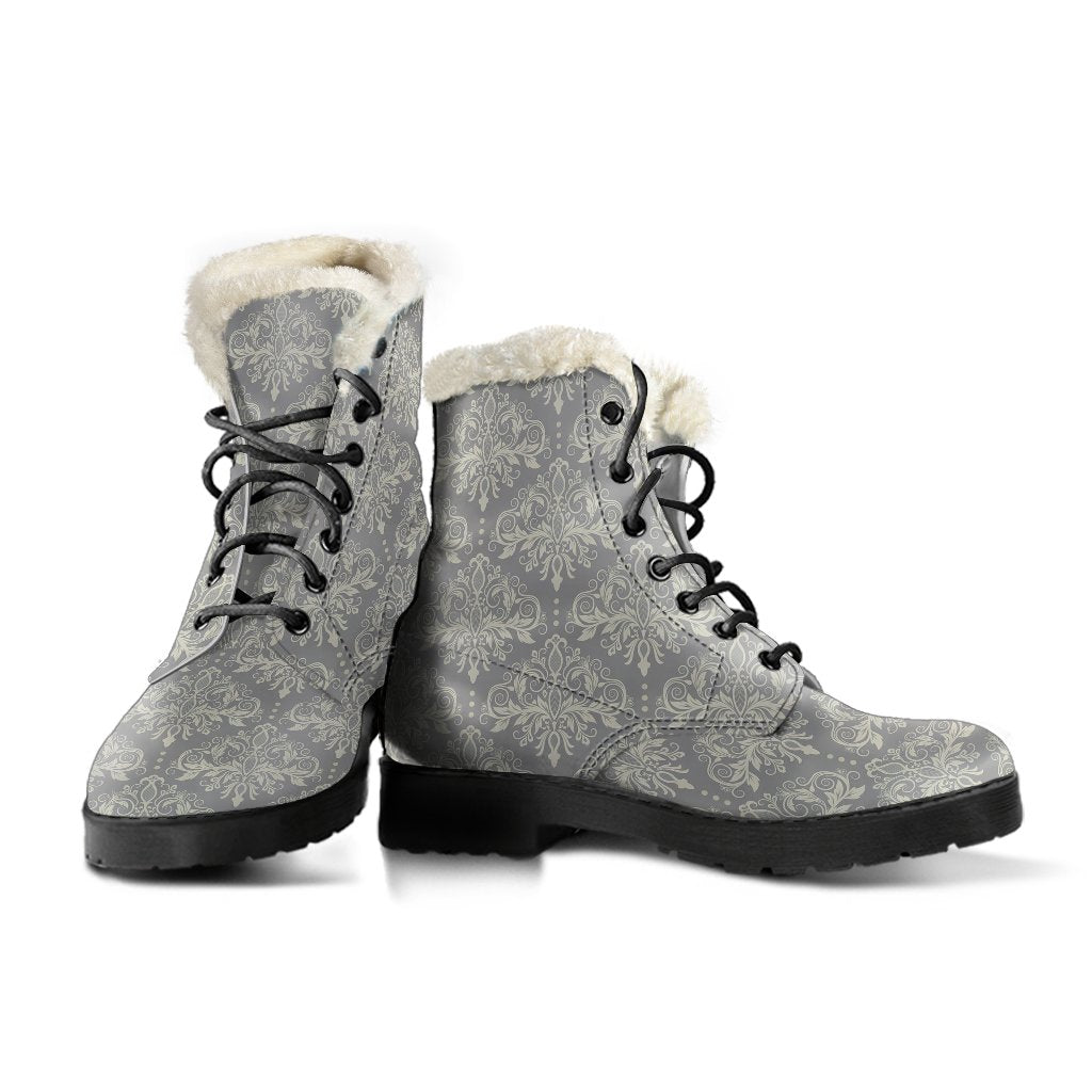Damask Grey Elegant Print Pattern Faux Fur Leather Boots-JTAMIGO.COM