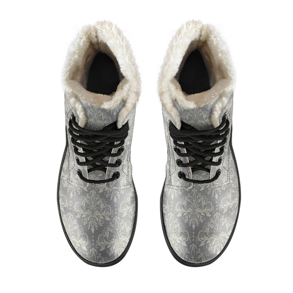 Damask Grey Elegant Print Pattern Faux Fur Leather Boots-JTAMIGO.COM